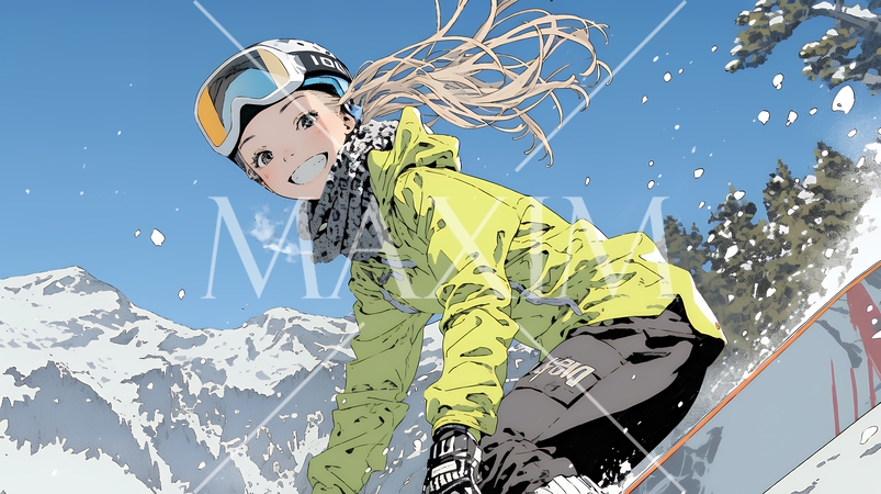 スノーボードを楽しんでいる若い女性