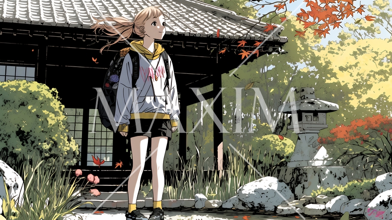 紅葉の秋の街を歩く若い女性