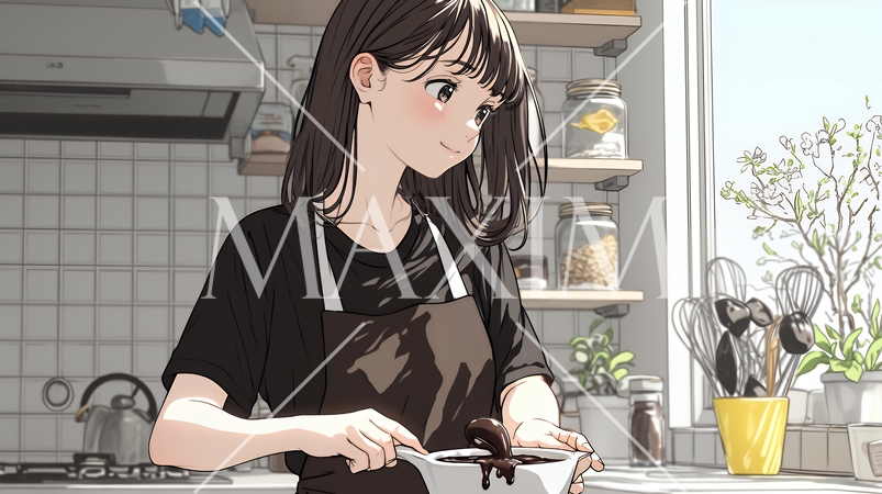 バレンタインプレゼント用のチョコレートを一生懸命作っている若い女性