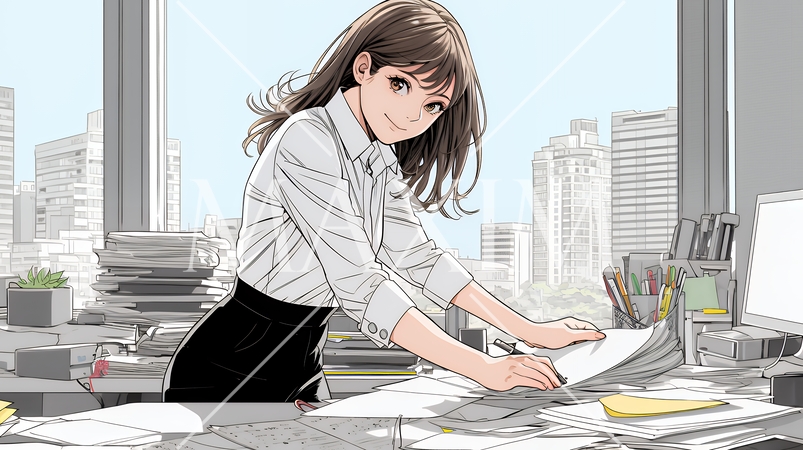 オフィスのデスクで、入念に書類をチェックする女性