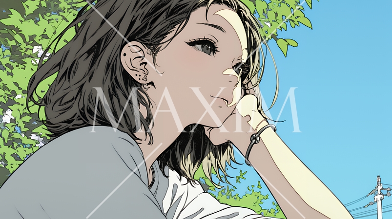 じっと遠くを見つめている若い女性