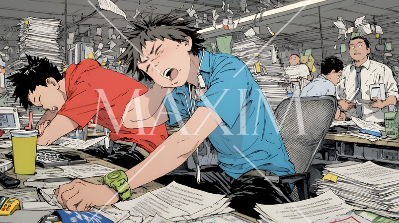 期日には間に合いそうもない書類の山と格闘中のビジネスパーソン達