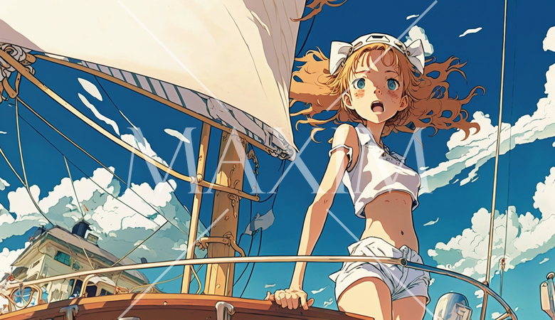 えてに帆をあげる：順風満帆の状態ですね。若い女の子が順風に乗ってヨットを爽快に操舵している様子。