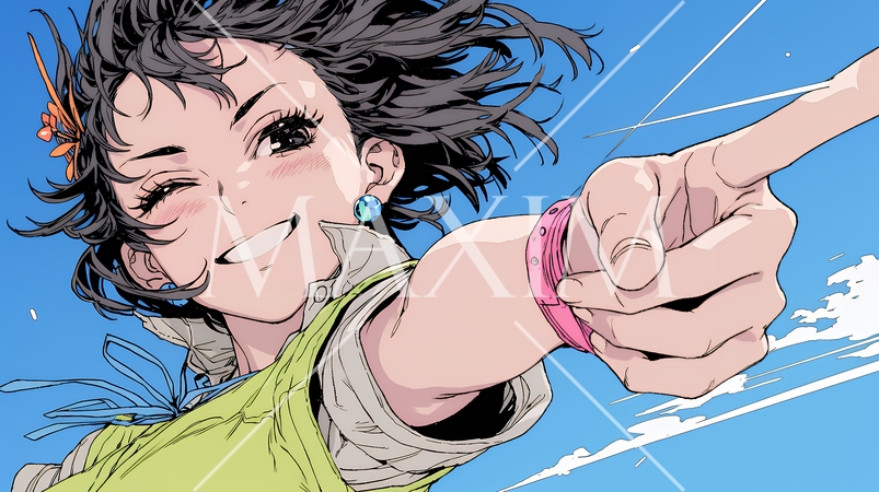 フィンガーガン（指でっぽう）を構えている若い女性