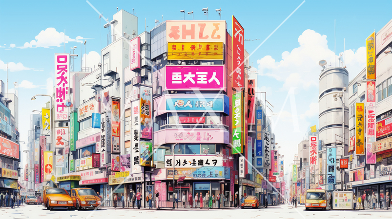 昼の秋葉原のビルの街並みの水彩画