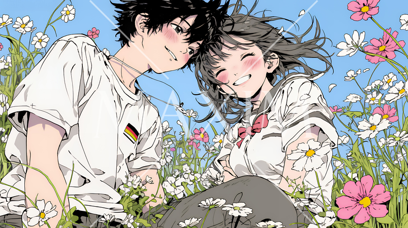 コスモス畑でデートをしている若いカップル