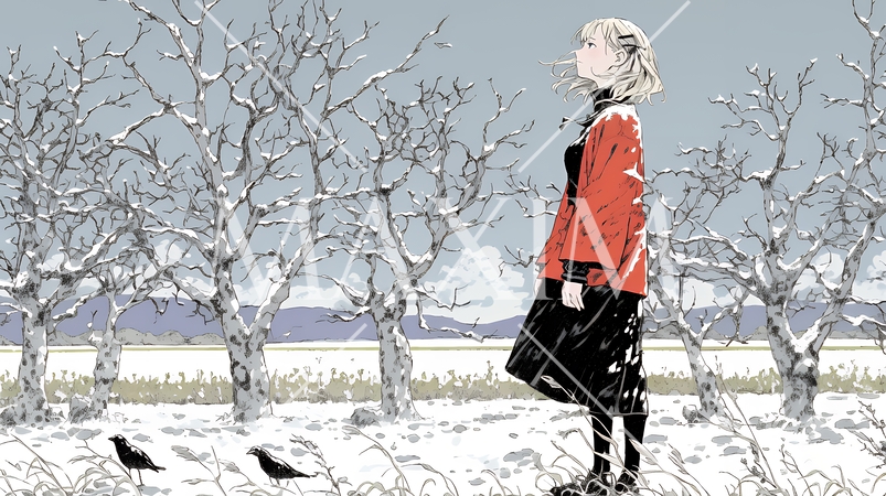 冬枯れの郊外の道を歩く若い女性