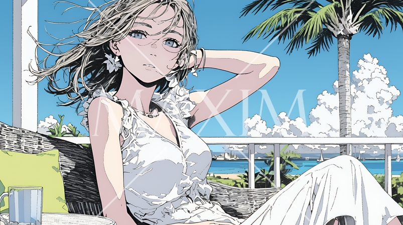 沖縄の海辺のリゾートホテルでリゾッチャしている若い女性