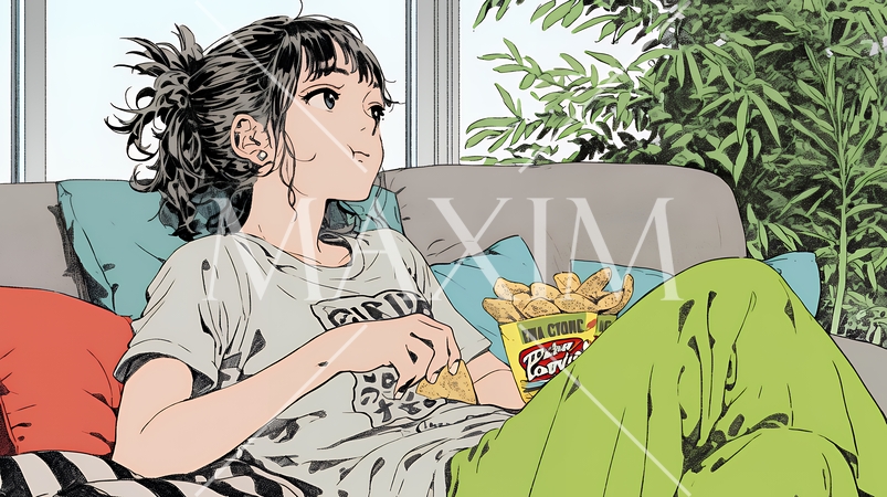 ポテトチップスをつまみながら、ひとりでビデオを観る若い女性