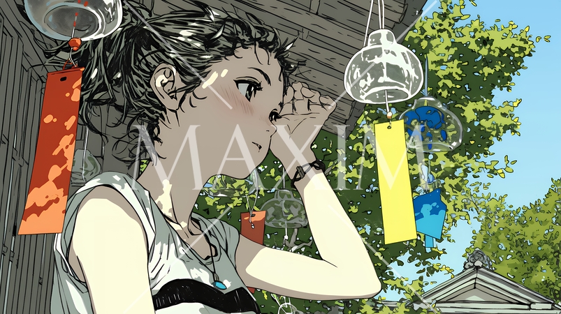 風鈴の音色を聞いている若い女性