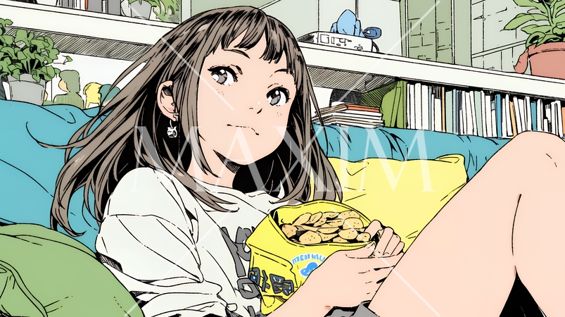 ポテトチップスをつまみながら、ひとりでビデオを観る若い女性