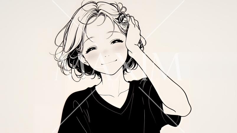 気恥ずかしそうに頭をかき、ごまかすような仕草を見せる若い女性（シンプルな色使い）