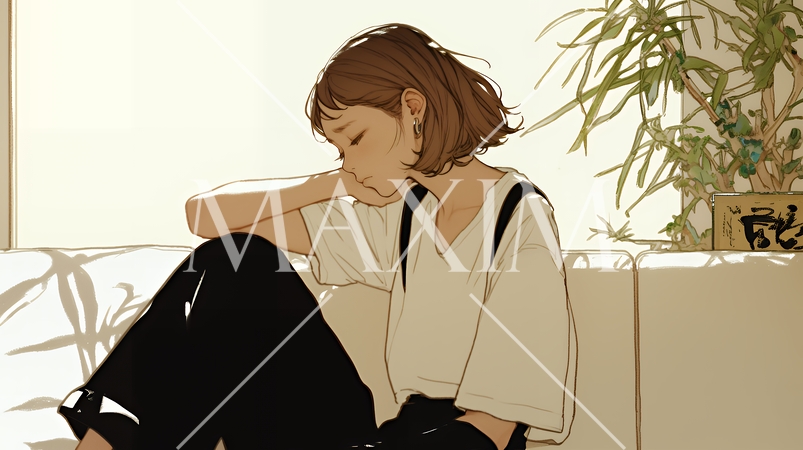 腹痛（生理痛）に苦しむ若い女性（シンプルな色使い）