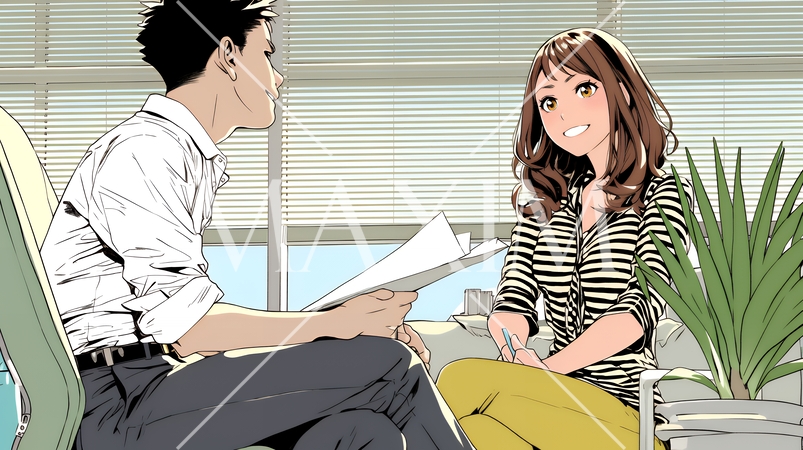 二人でミーティング（面談・インタビュー・会議）の場面