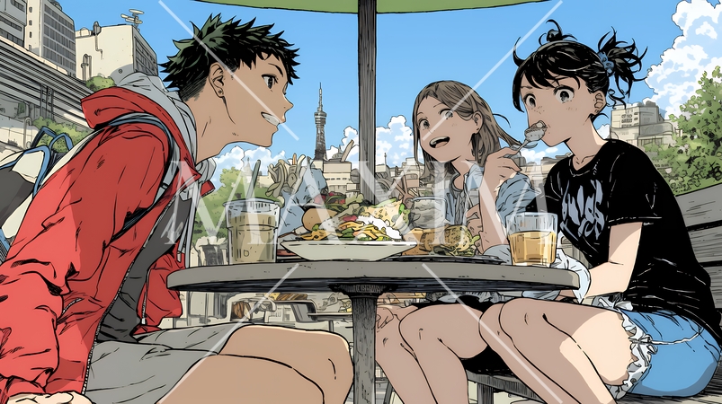 親しい仲間とファーストフード店で食事をしている若者たち