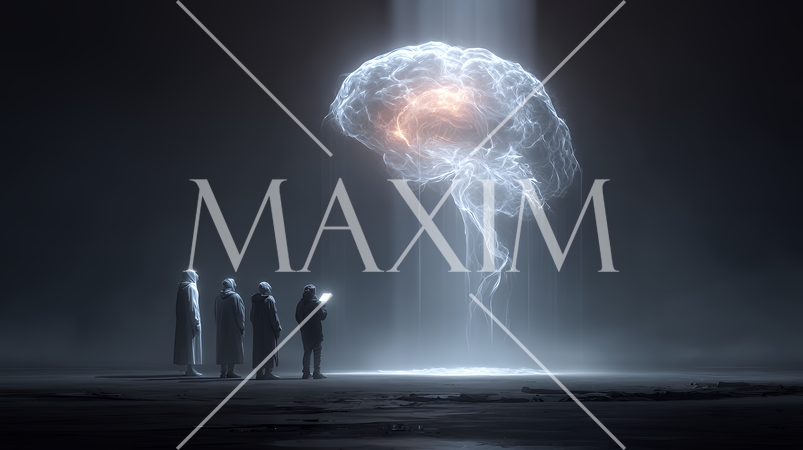 人々が抱く生成AIの抽象的なイメージ：人々が見上げる輝く脳がある