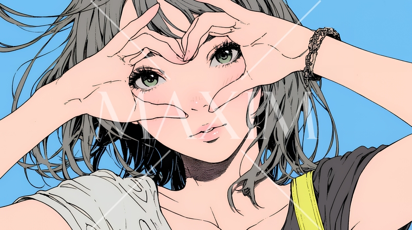 ハートマークを手で作り愛情表現をしている若い女性