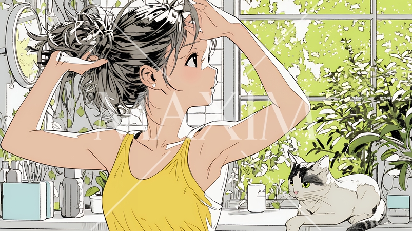 朝支度：洗面所で髪をまとめている若い女性