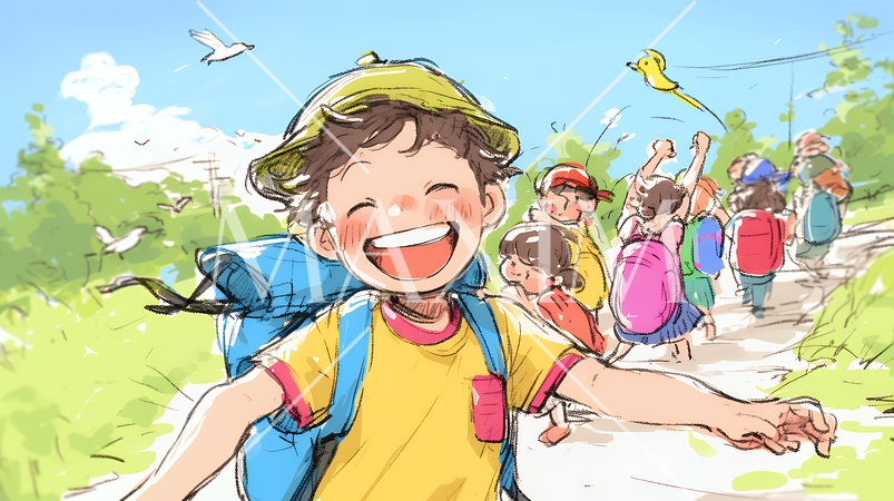 小学生の夏の思い出：友達とピクニック（クレヨン＋水彩画風）