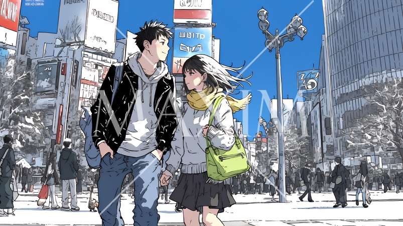 冬枯れ街をデートしている若い恋人たち