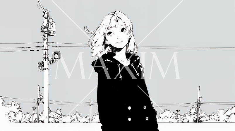 若い女性が佇む都市の街角（シンプルな色使い）