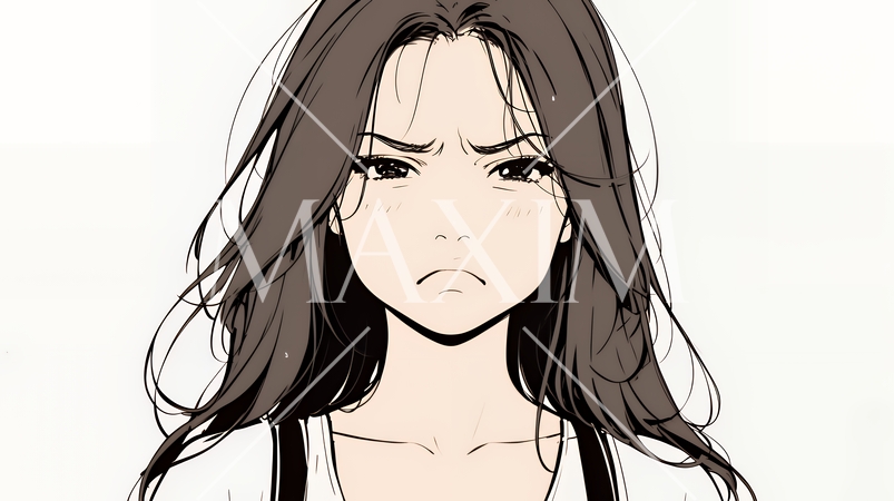 Noという表現を思いっきり顔に表しているる女性（シンプルな色使い）