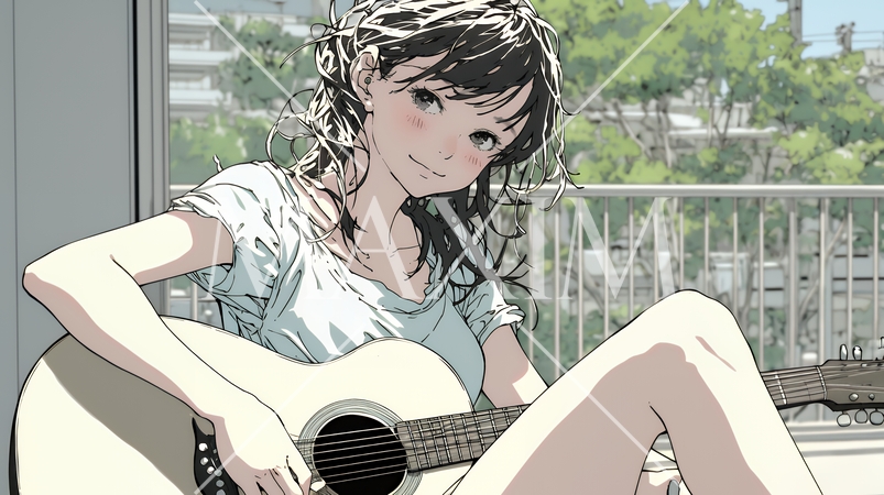 ギターを弾いている若い女性