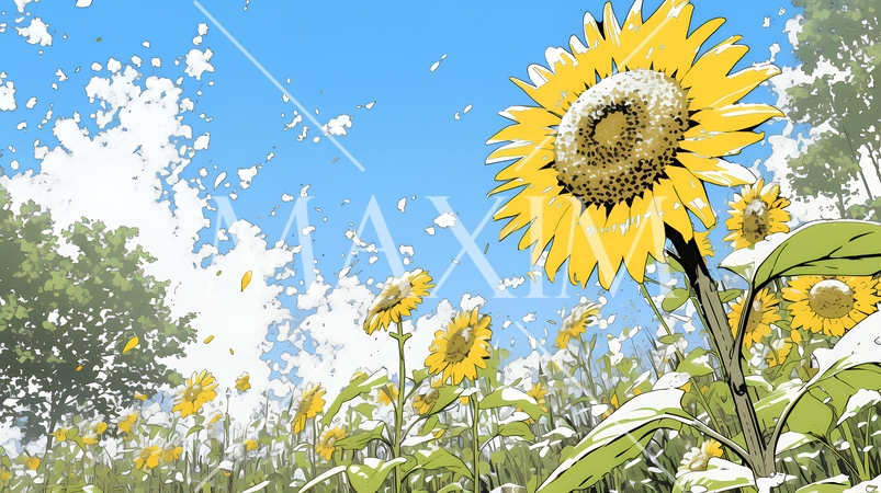 満開のひまわりと真夏の青空