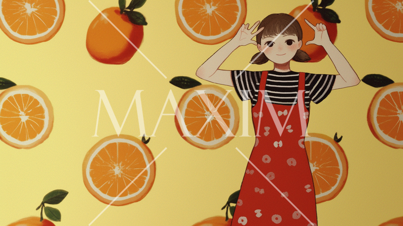 オレンジ（みかん）がいっぱいと女性の背景画