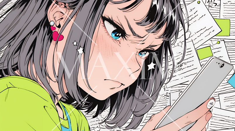 スマホでメールを読みながら唇を噛んでいる神経質な女性。表情には怒りと不安が漂っている。