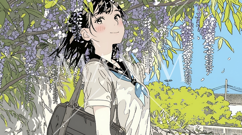 満開の藤の花の下を歩いている女子高生