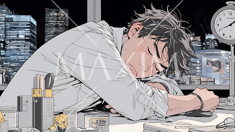 夜遅くまで残業するビジネスマン｜疲れた表情でパソコン作業をする会社員のビジネスイメージ