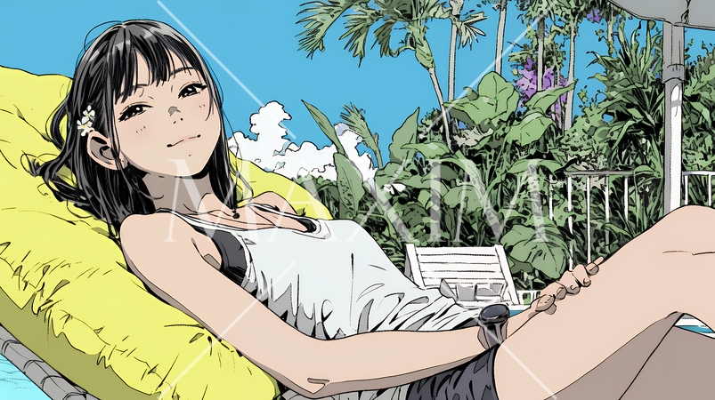 プールサイドのデッキチェアでくつろぐ若い女性｜夏のリゾートとリラックスライフスタイルイメージ