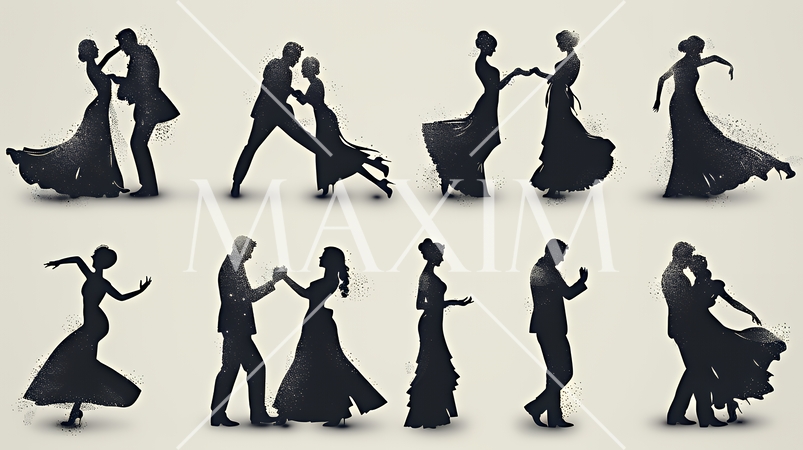 社交ダンスを楽しむ人たちのシルエット｜優雅でエレガントなボールルームダンスイメージ