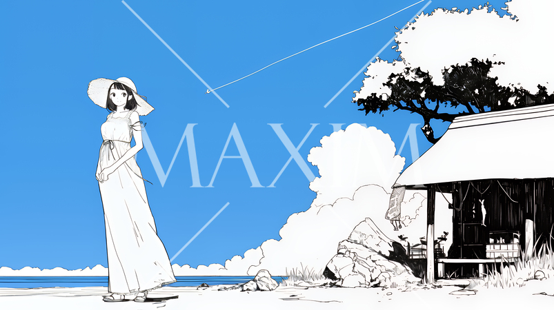 一人旅の若い女性と夏のビーチの風景（シンプルな色使い）