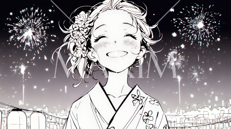 打ち上げ花火を見ている浴衣を着た若い女性（シンプルな色使い）