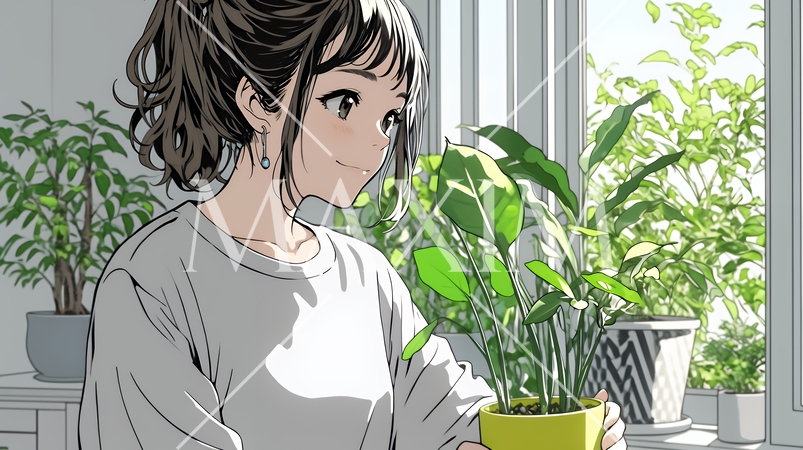 観葉植物の世話をする若い女性