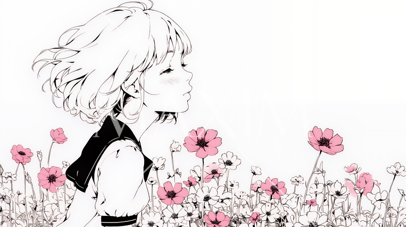 コスモス畑にいる若い女性（シンプルな色使い）