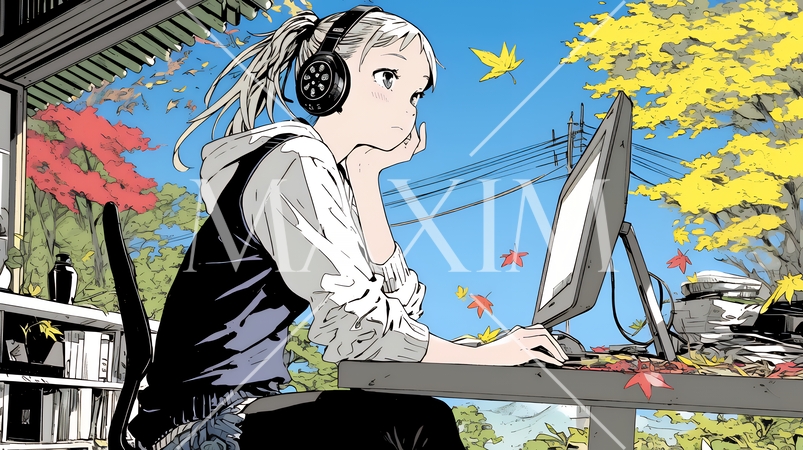 美しい紅葉の中でもPCを手放せない若い女性