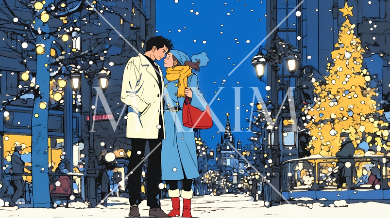 クリスマスイルミネーションの街でデートしているカップル