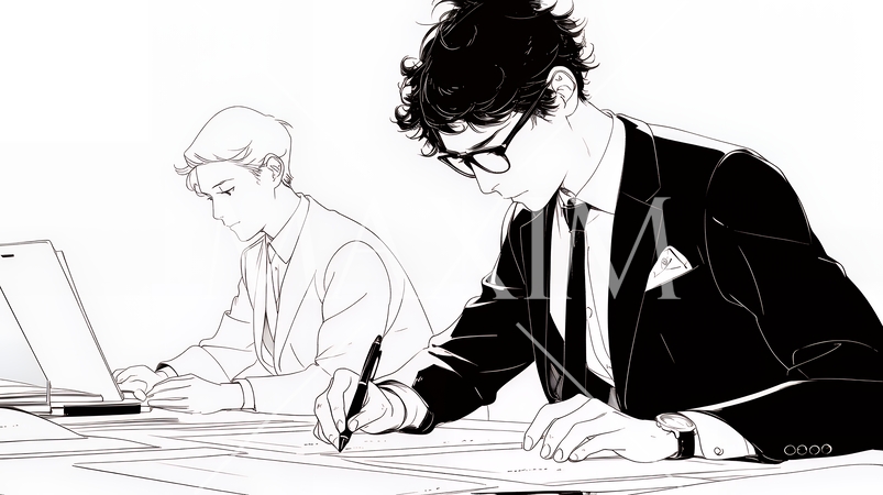 綿密なビジネス戦略を練っている男性（シンプルな色使い）