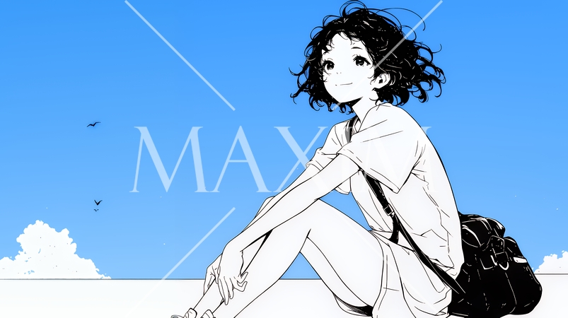 夏休みの思い出：海辺の町への一人旅（シンプルな色使い）