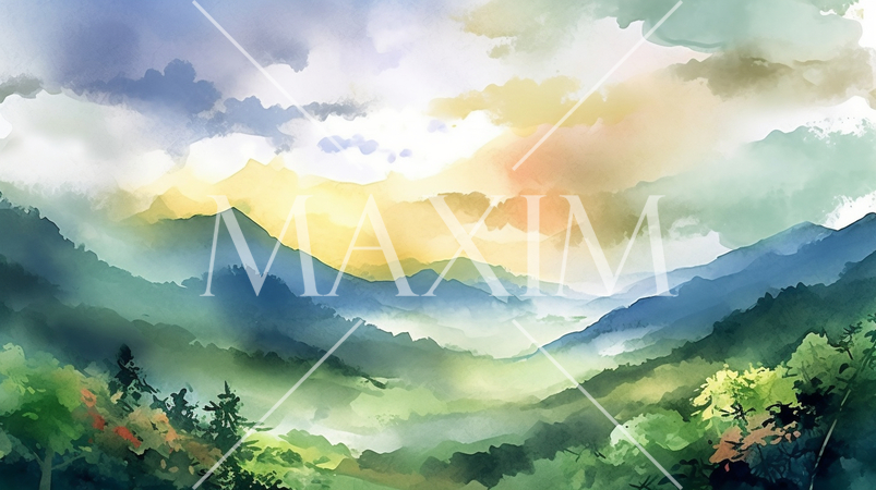 早朝の里山に朝焼けの中に朝靄が雲海のように広がっている。水彩画にした。