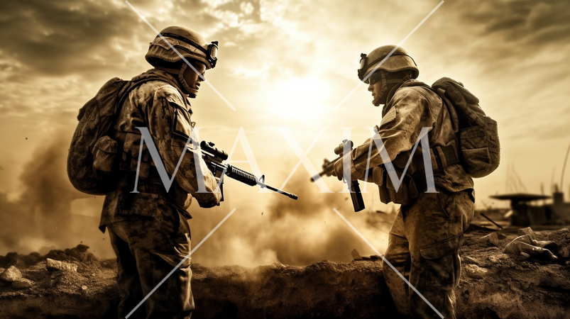 戦争最前線の地上戦部隊：セピア写実的描画