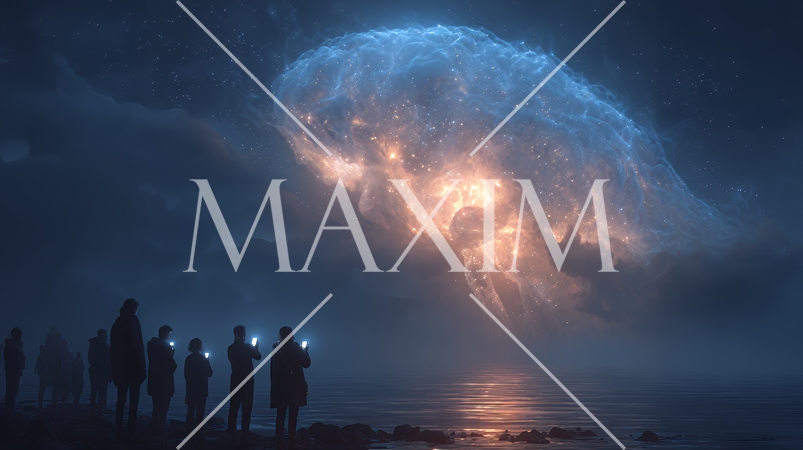 人々が抱く生成AIの抽象的なイメージ：人々が見上げる輝く脳がある