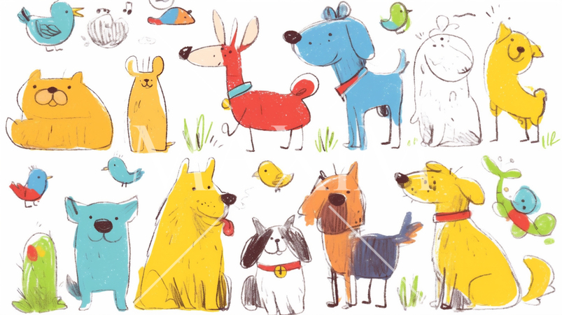 小学生低学年が描いたイヌ（クレヨンと水彩画）