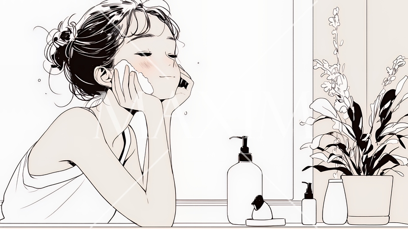 洗面所で朝の洗顔をする女性（シンプルな色使い）