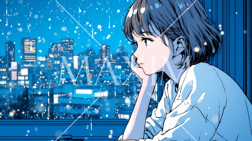 思案・反省・諦め? 窓から流れ落ちる雨粒を見つめる若い女性