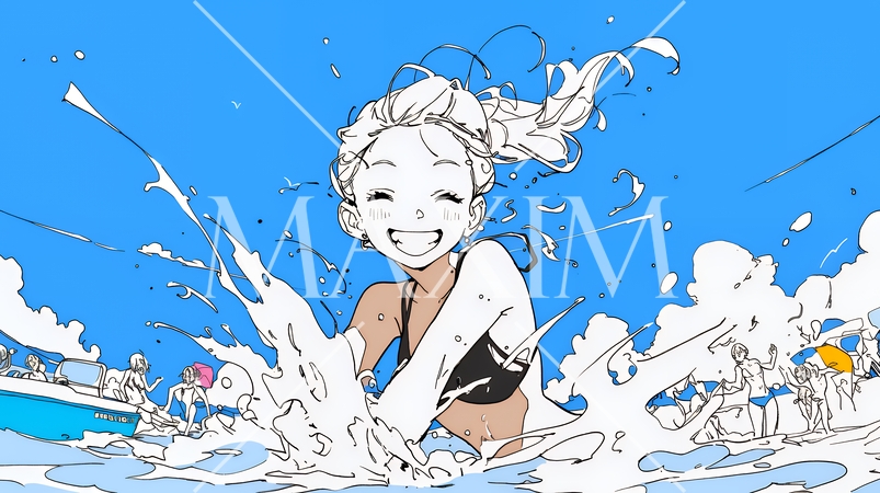 ビーチリゾートを旅行中のビキニ姿の若い女性（シンプルな色使い）