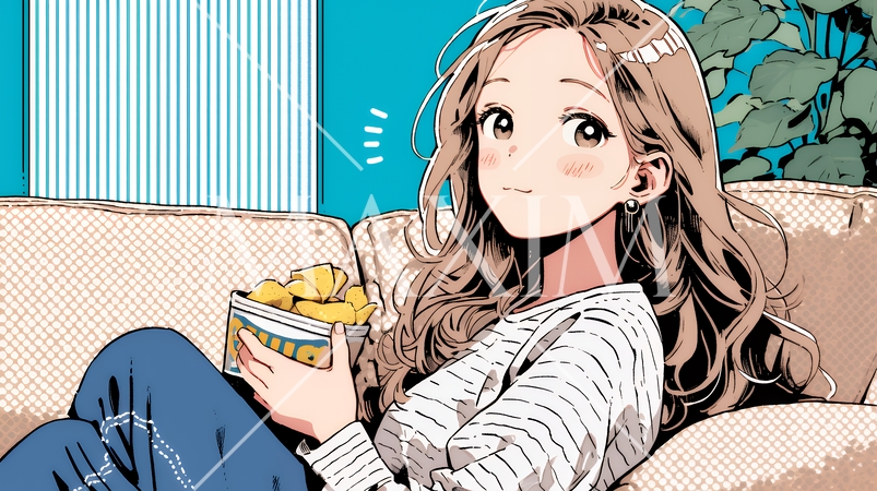 ポテトチップスをつまみながら、ひとりでビデオを観る若い女性